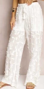 Białe Spodnie High Waist o Ażurowym Wykończeniu z Gumką w Talii Gralefia