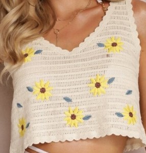Beżowy Haftowany Top w Kwiaty z Bawełny Brianda