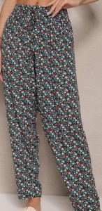 Zielono-Czarne Spodnie z Wiskozy High Waist w Kwiatowy Wzór Liosena