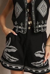 Czarne Szorty High Waist z Bawełny Zdobione Haftem Filianira