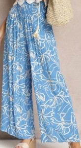 Niebieskie Spodnie Szerokie z Wiskozy High Waist w Kwiatowy Print Tepolla
